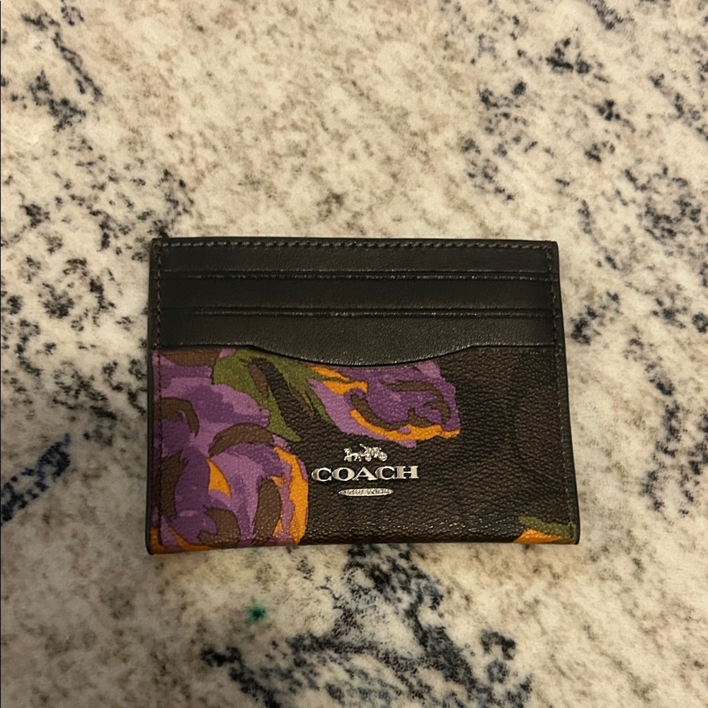 Coach Black Card Holder with Purple and Orange Floral Design